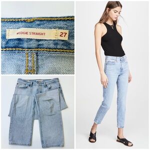 Levi's Premium Wedgie Straight Fit Ripped Knees Button Fly Jeans Light Wash Blue